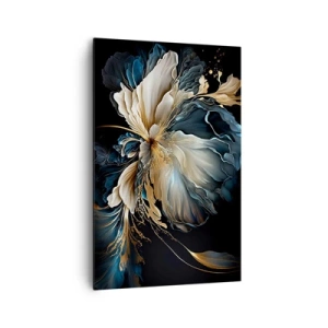 Obraz na płótnie - Kwiat w odcieniach złota i granatu na czarnym tle - 80x120cm - Baśniowy kwiat paproci - Nowoczesna dekoracja ścienna do salonu i sypialni ARTTOR