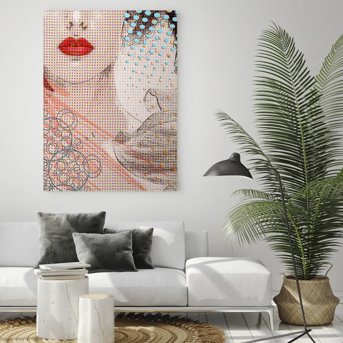 Obraz na szkle - Abstrakcyjna grafika z motywem ust i orchidei - 80x120cm - Komiksowa heroina - Nowoczesna dekoracja ścienna do salonu i sypialni ARTTOR