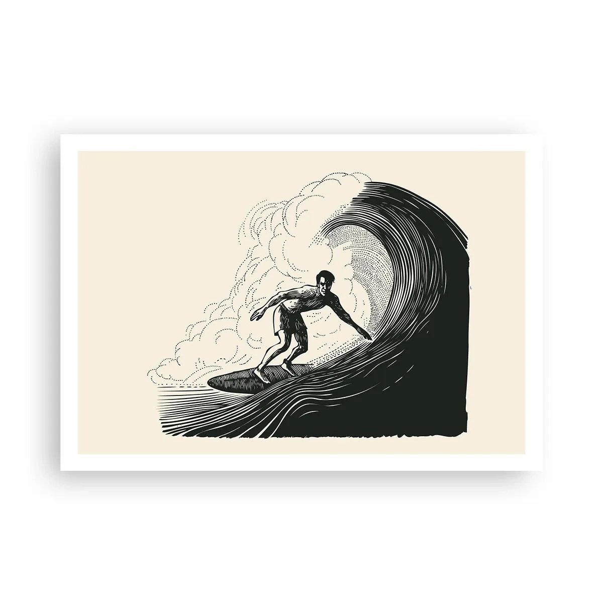 Plakat - Czarno-biała grafika surfera na fali - 100x70cm - Król fali - Nowoczesna dekoracja ścienna do salonu i sypialni ARTTOR