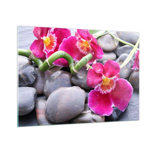 Obraz na szkle - Różowe orchidee z bambusem na kamieniach - 100x70cm - Chłód i żar - Nowoczesna dekoracja ścienna do salonu, kuchni i sypialni ARTTOR