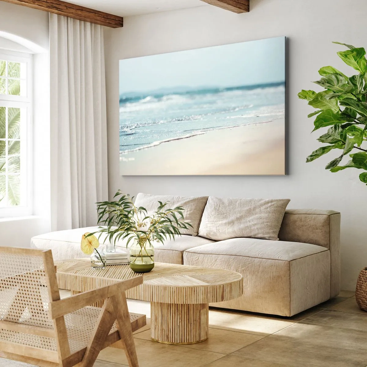 Obraz na płótnie - Delikatne fale oceanu na piaszczystej plaży - 120x80cm - Ciepło i szum - Nowoczesna dekoracja ścienna do salonu, kuchni i sypialni ARTTOR