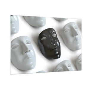 Obraz na szkle - Czarno-biała maska na tle białych masek na jasnym tle - 100x70cm - Jak się wyróżnić? - Nowoczesna dekoracja ścienna do salonu, kuchni i sypialni ARTTOR