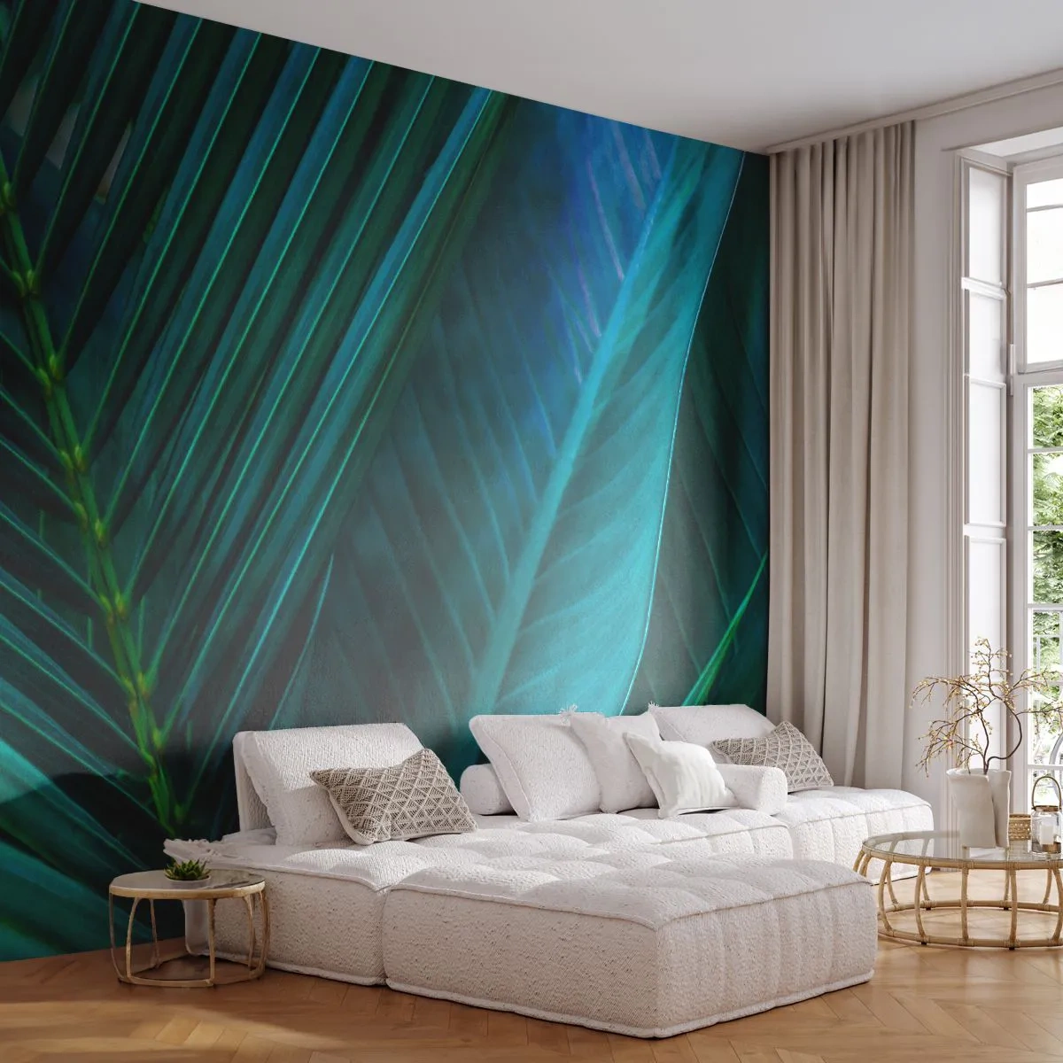 Fototapeta Premium Sand - Zbliżenie tropikalnych zielonych liści o wyrazistej strukturze - 100x70cm - Anatomia zieleni - Nowoczesna dekoracja ścienna do salonu, kuchni i sypialni ARTTOR