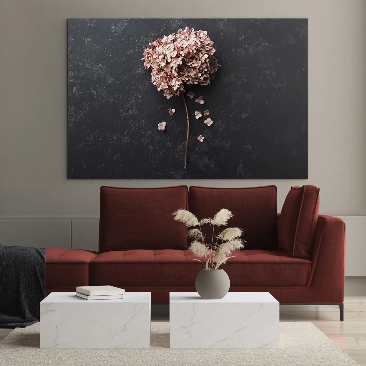Obraz na szkle - Sucha hortensja na ciemnym tle z rozsypanymi płatkami - 70x50cm - Prawdziwie romantyczny znak - Nowoczesna dekoracja ścienna do salonu i sypialni ARTTOR