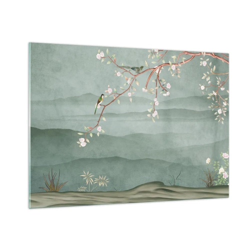 Obraz na szkle - Gałązka z kwiatami i ptakami na tle zielonych wzgórz - 100x70cm - Wiosna, ach, to ty - Nowoczesna dekoracja ścienna do salonu, kuchni i sypialni ARTTOR
