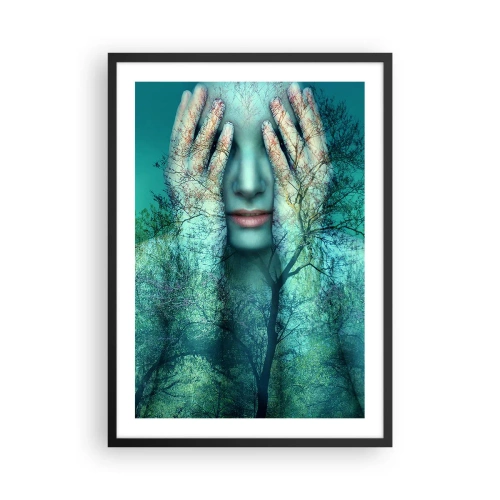 Plakat w czarnej ramie - Twarz kobiety z krajobrazem lasu w stylistyce double exposure - 50x70cm - Zanurzona w błękicie - Nowoczesna dekoracja ścienna do salonu i sypialni ARTTOR