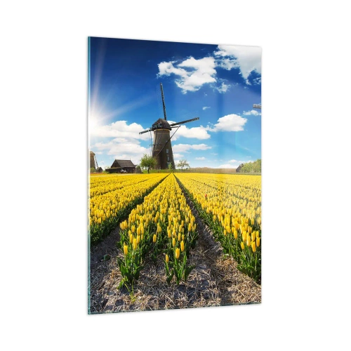 Obraz na szkle - Pole żółtych tulipanów z wiatrakami w tle w słoneczny dzień - 50x70cm - Bardziej holenderski być nie może - Nowoczesna dekoracja ścienna do salonu, kuchni i sypialni ARTTOR