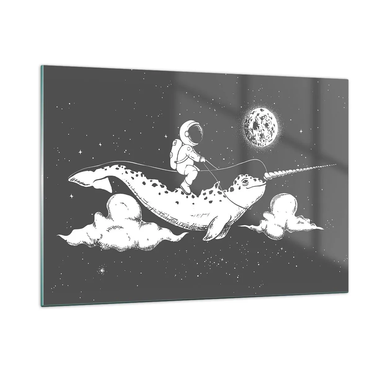 Obraz na szkle - Astronauta lecący na narwalu w kosmicznej scenerii - 120x80cm - Kosmiczny jeździec - Nowoczesna dekoracja ścienna do salonu, kuchni i sypialni ARTTOR