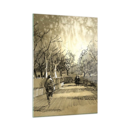 Obraz na szkle - Rysunek przedstawiający park z alejkami i spacerującymi ludźmi - 50x70cm - Piórkiem zatrzymana chwila - Nowoczesna dekoracja ścienna do salonu, kuchni i sypialni ARTTOR