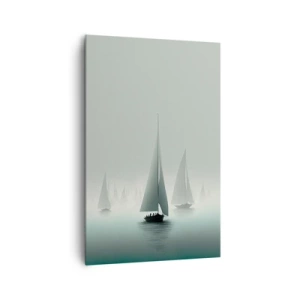 Obraz na płótnie - Żaglówki na spokojnym morzu otoczone tajemniczą mgłą - 80x120cm - Zbudowane z mgły - Nowoczesna dekoracja ścienna do salonu i sypialni ARTTOR