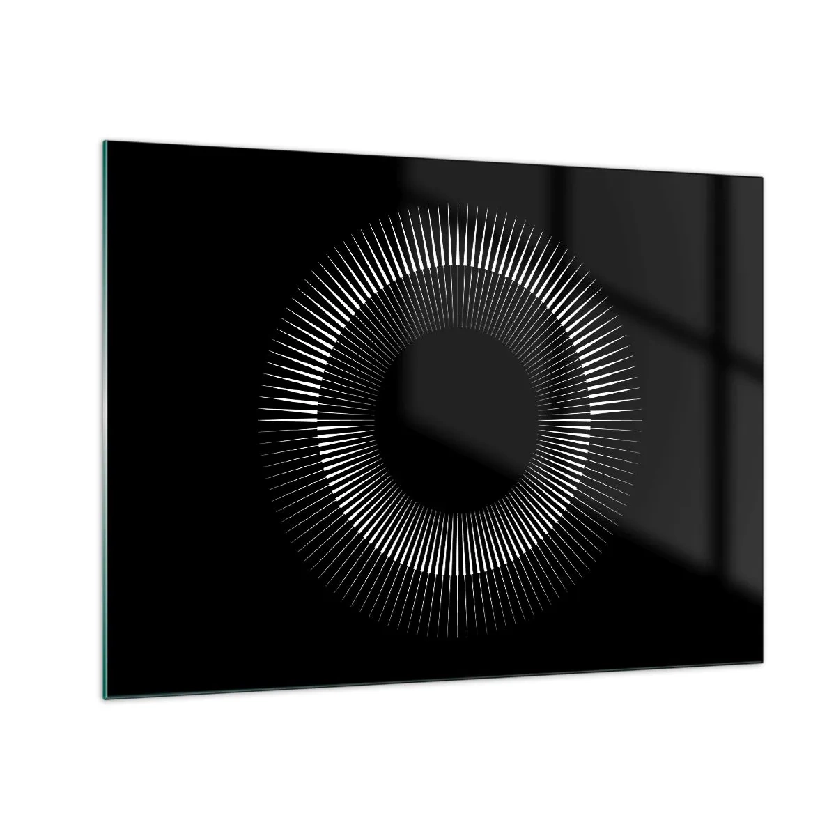 Obraz na szkle - Białe promienie tworzące okrąg na czarnym tle - 70x50cm - Czarne Słońce - Nowoczesna dekoracja ścienna do salonu i sypialni ARTTOR
