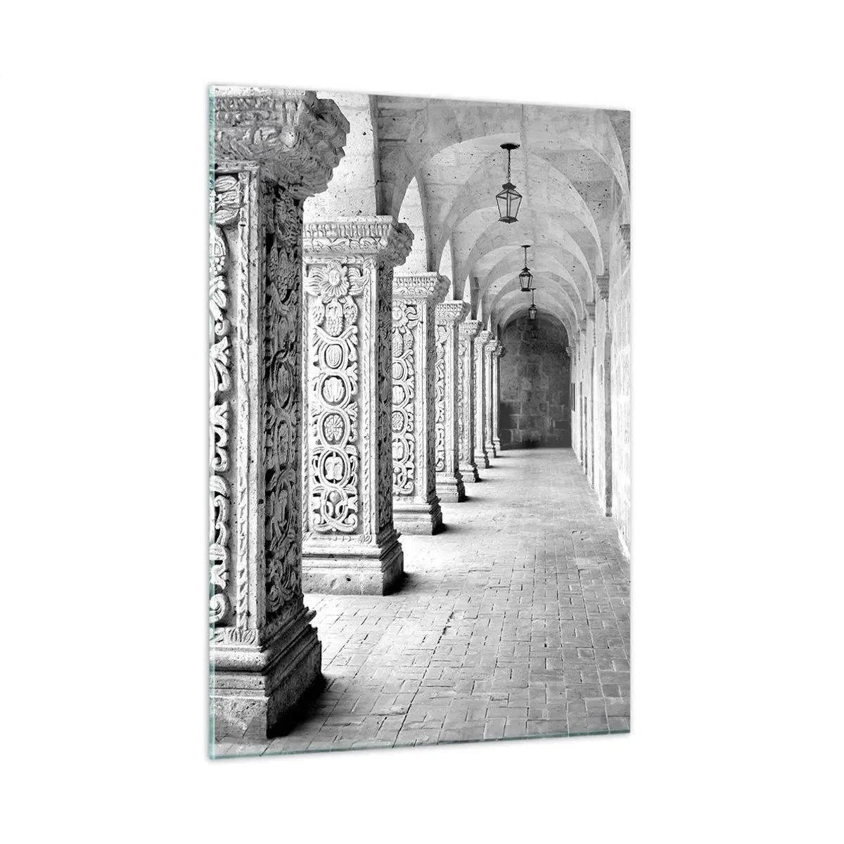 Obraz na szkle - Zabytkowy krużganek z rzeźbionymi kolumnami - 50x70cm - A dokąd to…? - Nowoczesna dekoracja ścienna do salonu, kuchni i sypialni ARTTOR