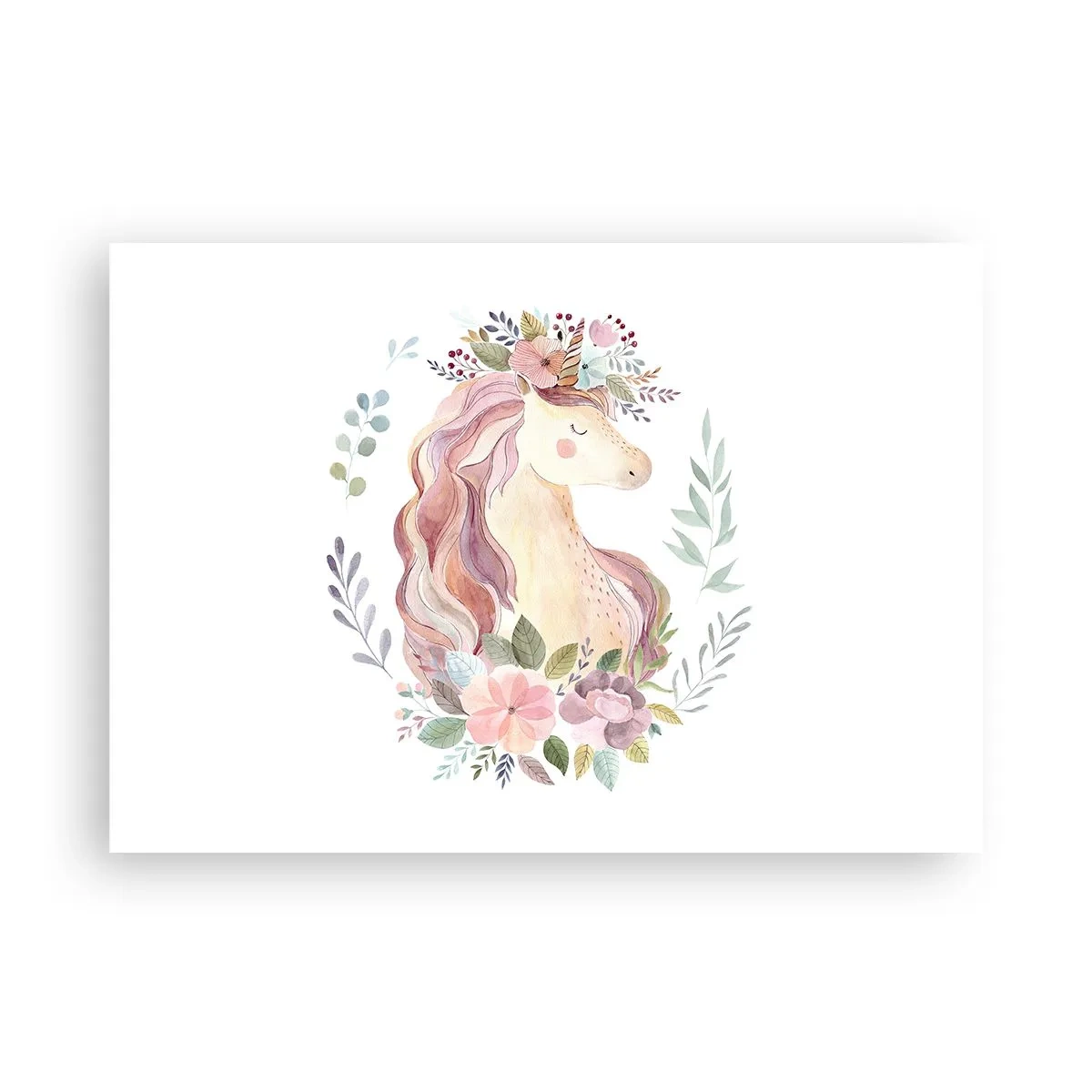 Plakat - Jednorożec w pastelowych kolorach otoczony kwiatami - 100x70cm - Zaproszenie do świata baśni - Nowoczesna dekoracja ścienna do salonu i sypialni ARTTOR