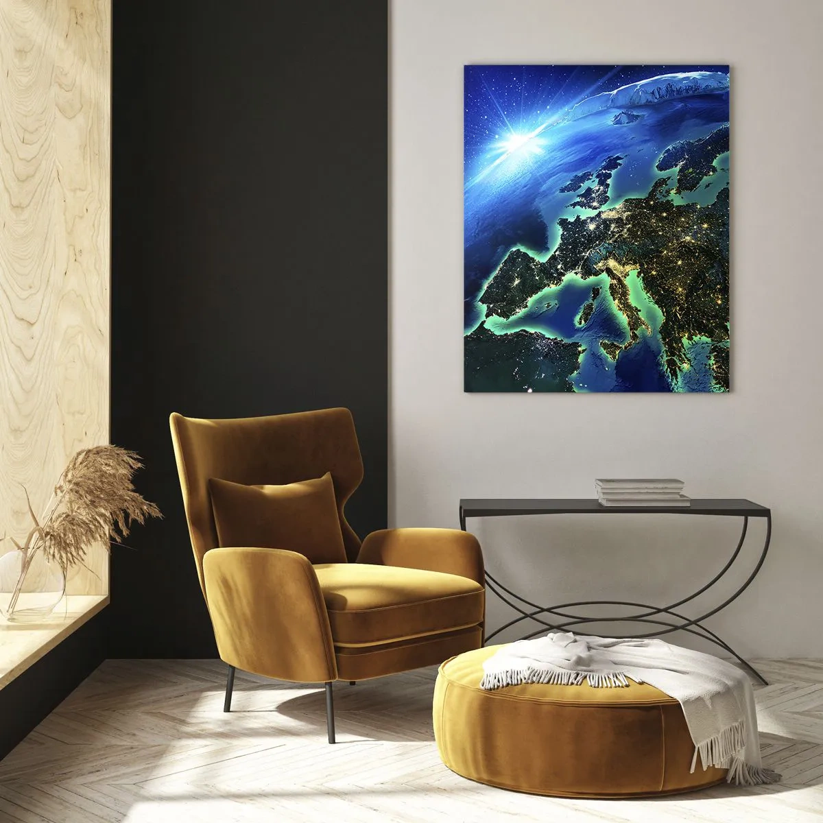 Obraz na szkle - Widok Ziemi z kosmosu z Europą w blasku świateł nocnych - 50x70cm - Roziskrzona Europa - Nowoczesna dekoracja ścienna do salonu, kuchni i sypialni ARTTOR