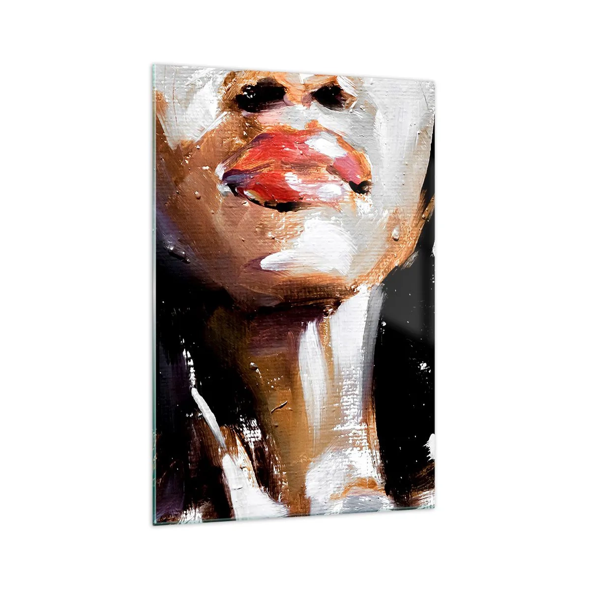 Obraz na szkle - Portret kobiety w ekspresyjnym stylu malarskim na ciemnym tle - 70x100cm - Duma bez uprzedzeń - Nowoczesna dekoracja ścienna do salonu i sypialni ARTTOR