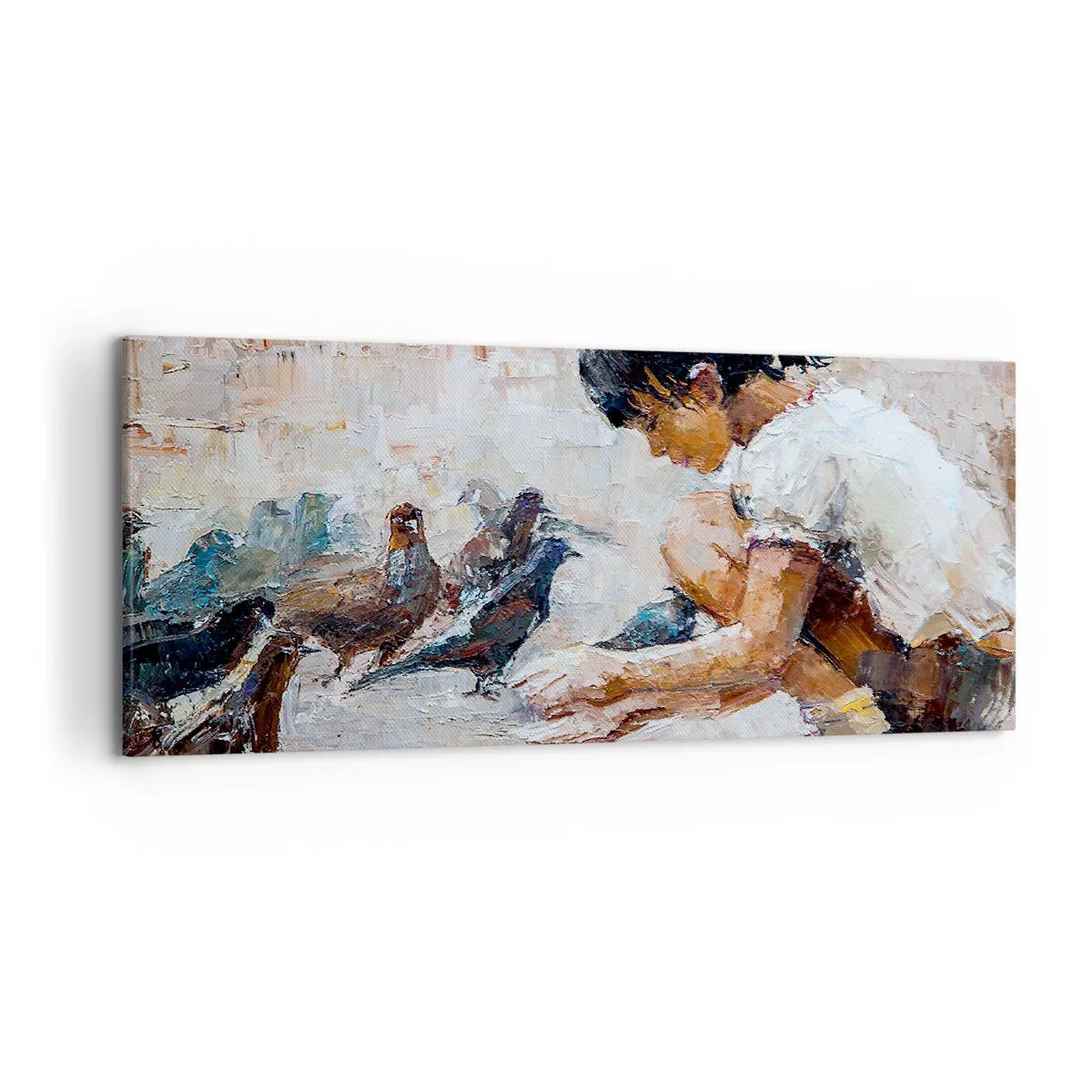 Obraz na płótnie - Dziewczynka karmiąca ptaki w malarskim stylu - 120x50cm - Maluczcy i najmilsi - Nowoczesna dekoracja ścienna do salonu i sypialni ARTTOR