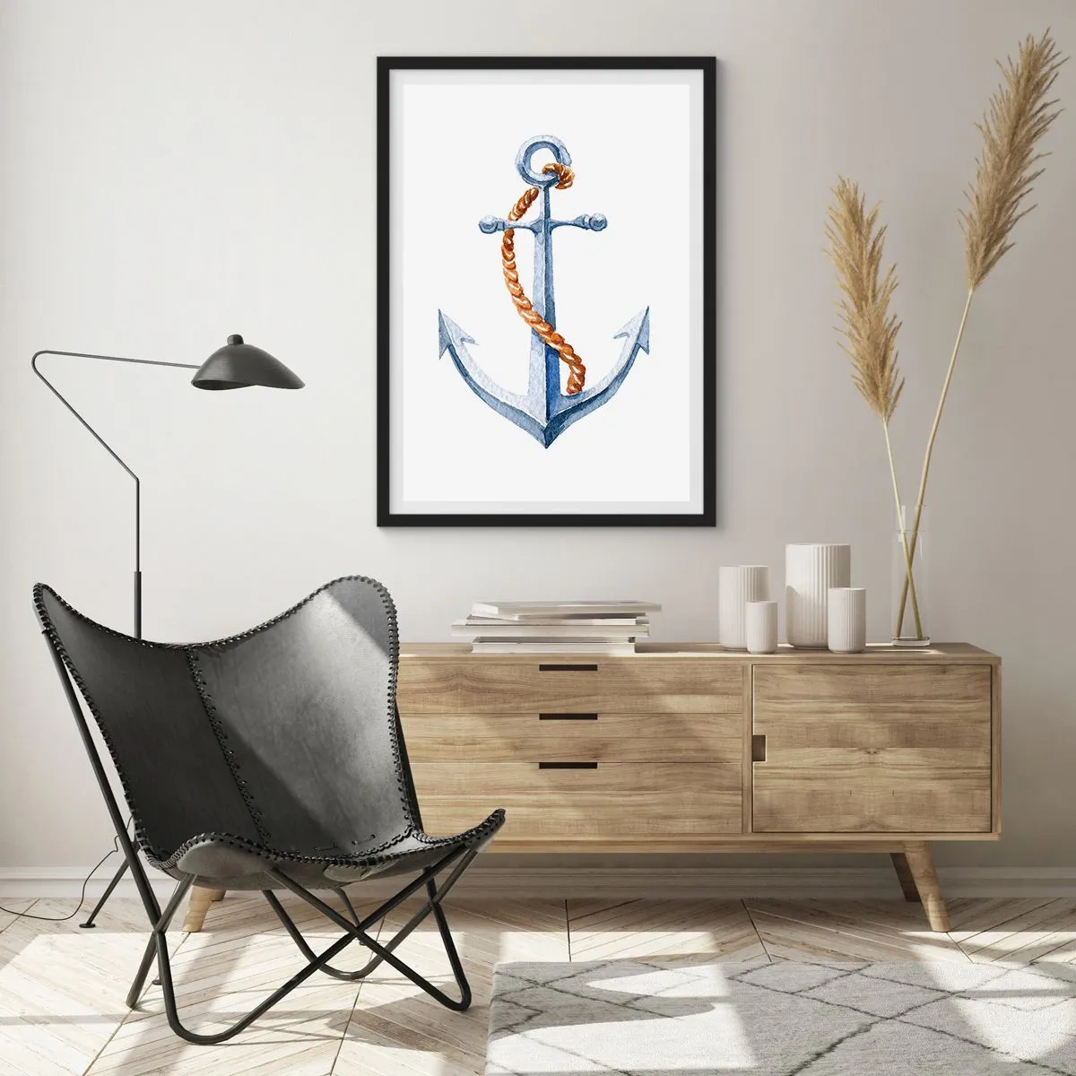 Plakat w czarnej ramie - Kotwica z liną w akwarelowym stylu - 50x70cm - Ahoj przygodo! - Nowoczesna dekoracja ścienna do salonu i sypialni ARTTOR