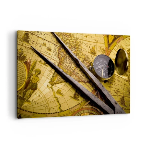 Obraz na płótnie - Zabytkowa mapa świata z kompasem i cyrklem na tle - 100x70cm - Gdze te skarby? - Nowoczesna dekoracja ścienna do salonu, kuchni i sypialni ARTTOR