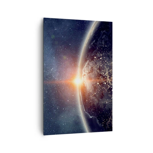 Obraz na płótnie - Ziemia widziana z kosmosu z wschodzącym słońcem - 80x120cm - W nowej perspektywie - Nowoczesna dekoracja ścienna do salonu i sypialni ARTTOR
