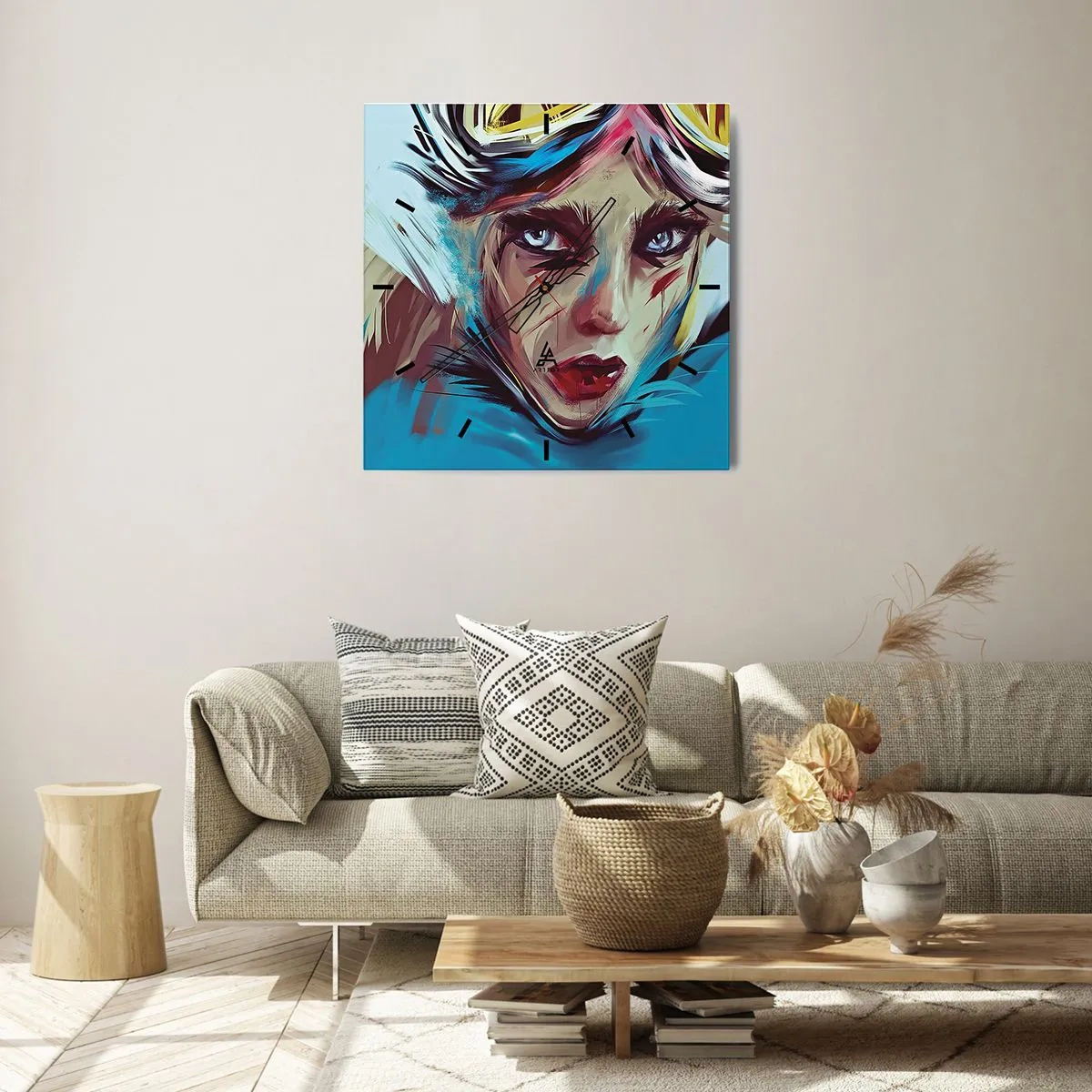 Zegar ścienny - Portret kobiety w dynamicznych kolorach i abstrakcyjnym stylu - 30x30cm - Wojowniczka szos - Nowoczesna dekoracja ścienna do salonu i sypialni ARTTOR