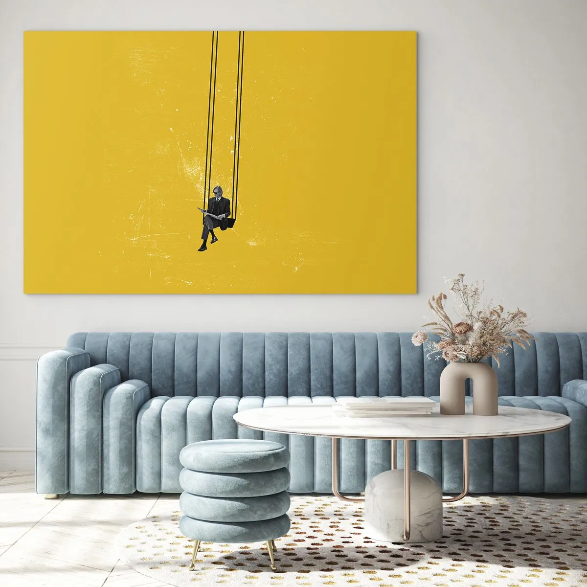 Obraz na szkle - Postać na huśtawce zawieszonej na żółtym tle - 70x50cm - Dzień jak co dzień - Nowoczesna dekoracja ścienna do salonu i sypialni ARTTOR