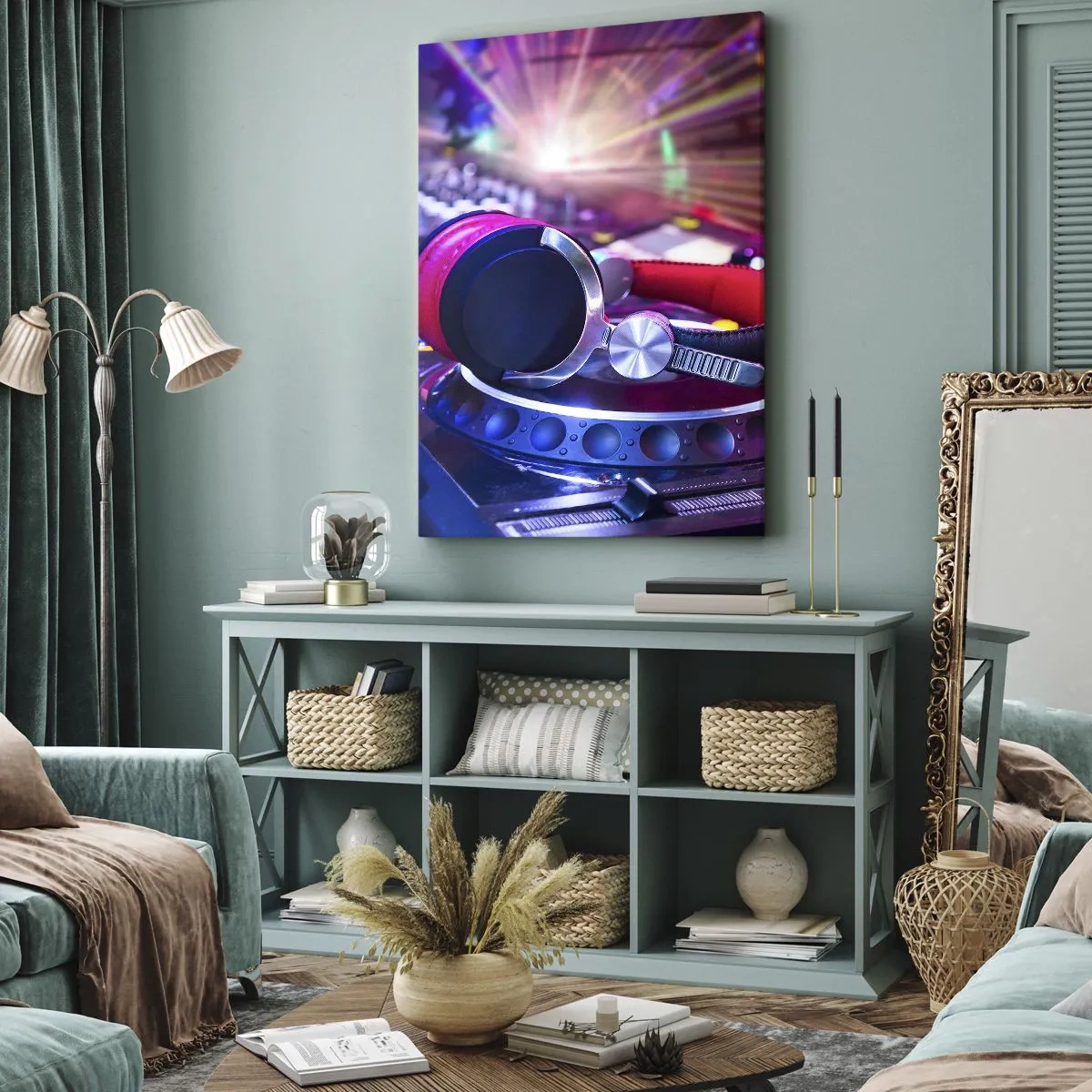 Obraz na płótnie - Słuchawki DJ z efektem świetlnym - 50x70cm - Będzie, będzie się działo - Nowoczesna dekoracja ścienna do salonu, kuchni i sypialni ARTTOR
