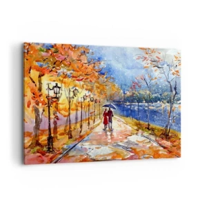 Obraz na płótnie - Jesienny spacer w parku nad brzegiem rzeki pod parasolem - 100x70cm - Razem do granicy czasu - Nowoczesna dekoracja ścienna do salonu, kuchni i sypialni ARTTOR