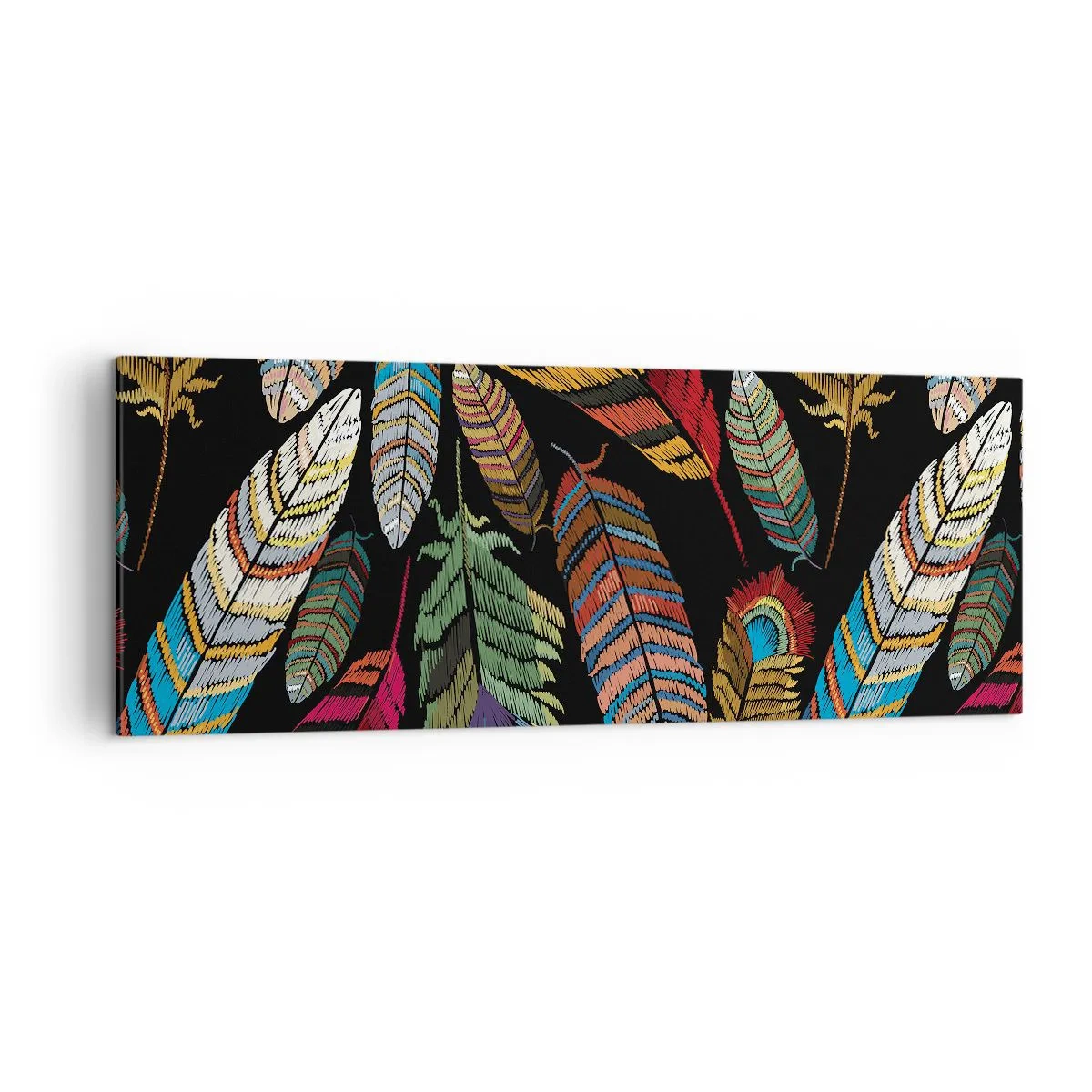 Obraz na płótnie - Kolorowe pióra na czarnym tle - 140x50cm - Ptasi karnawał - Nowoczesna dekoracja ścienna do salonu i sypialni ARTTOR