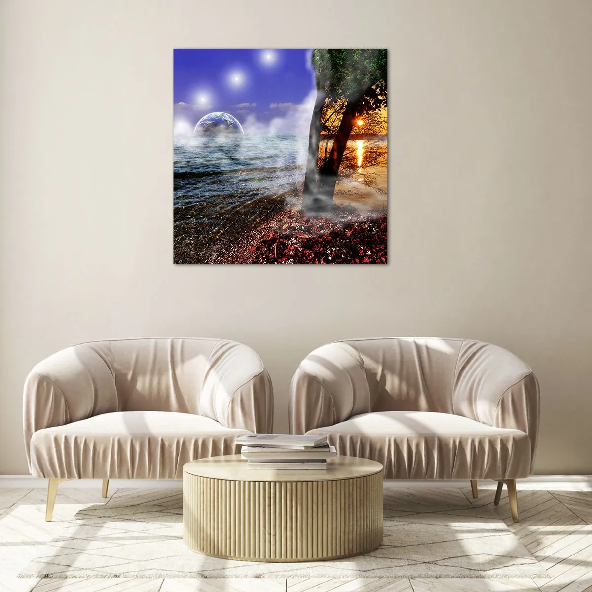 Obraz na szkle - Pejzaż surrealistyczny - jedność natury - 70x70 cm