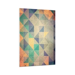 Obraz na szkle - Kolorowa kompozycja geometrycznych trójkątów w pastelowych odcieniach - 70x100cm - Republika trójkątów - Nowoczesna dekoracja ścienna do salonu i sypialni ARTTOR