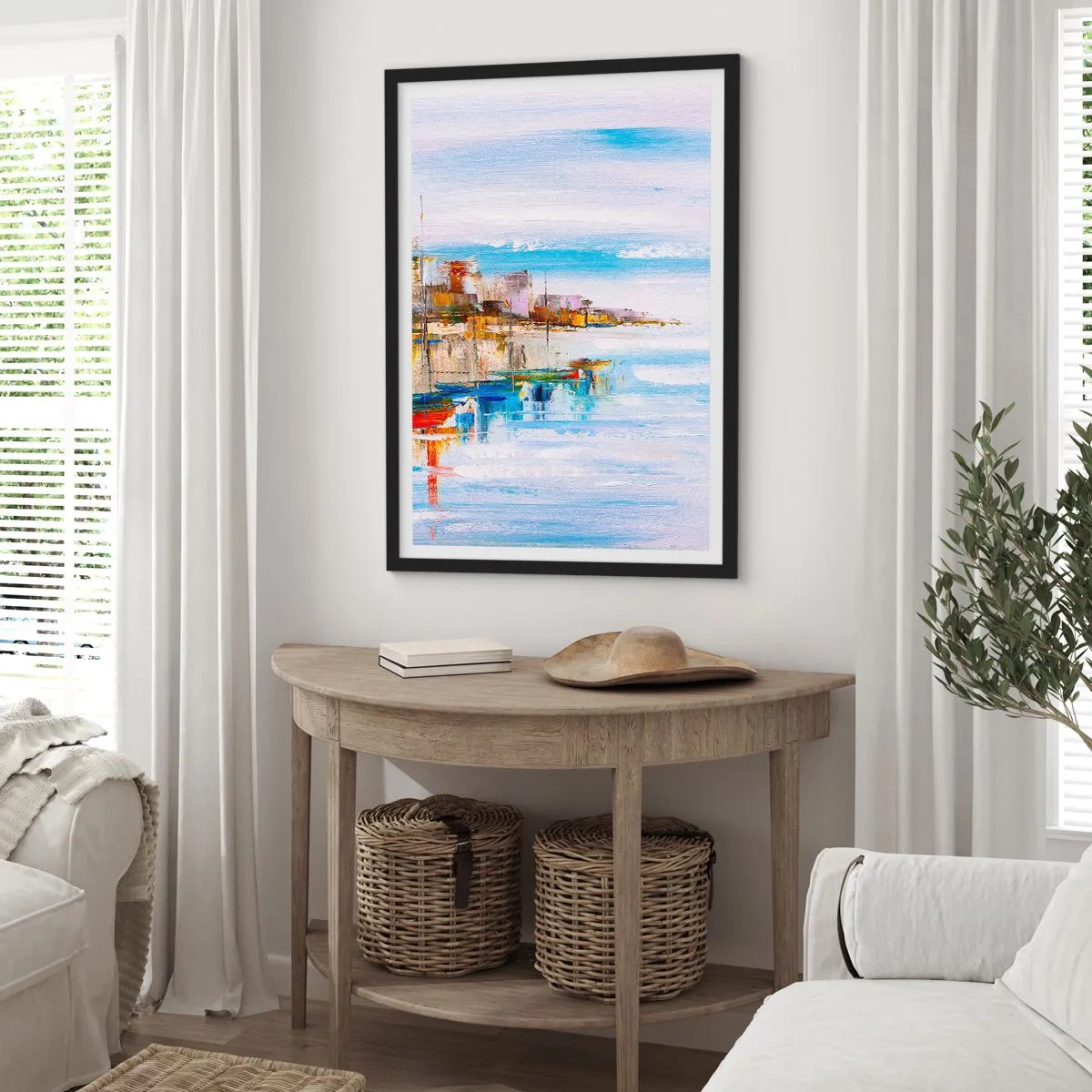 Plakat w czarnej ramie - Kolorowy pejzaż nadmorskiego miasta - 50x70cm - Wielobarwna miejska przystań - Nowoczesna dekoracja ścienna do salonu i sypialni ARTTOR