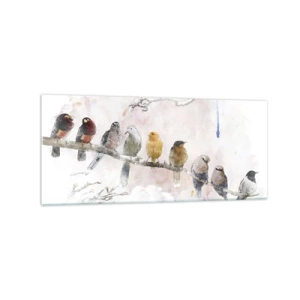 Obraz na szkle - Kolorowe ptaki na gałęzi w akwarelowym stylu - 120x50cm - Skrzydlate spotkanie - Nowoczesna dekoracja ścienna do salonu i sypialni ARTTOR