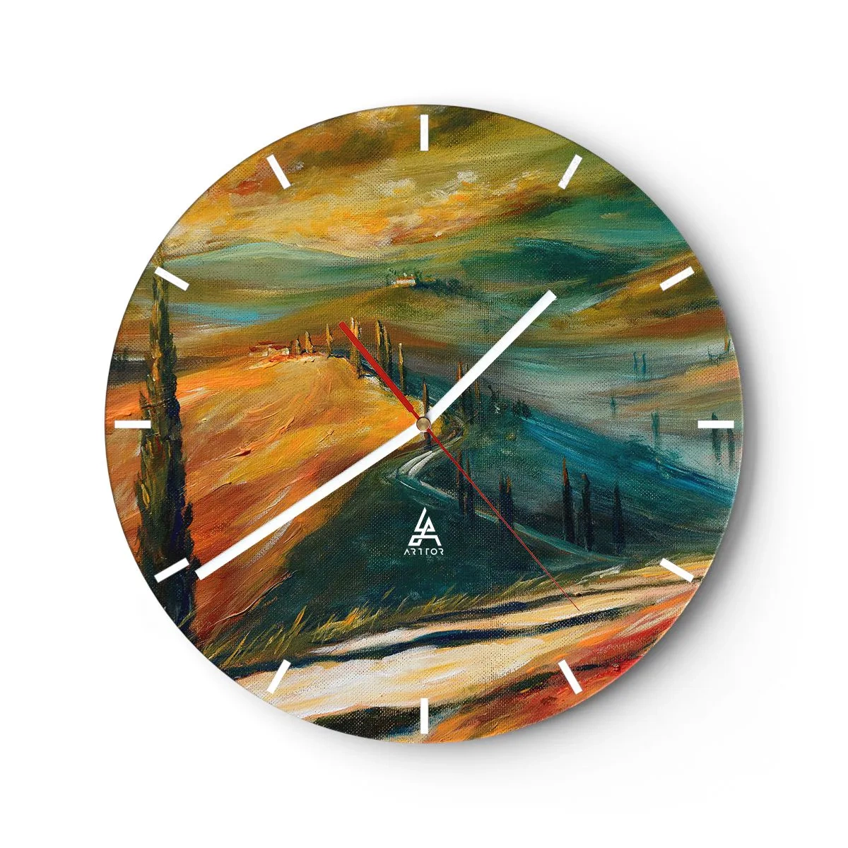 Zegar ścienny - Malarski pejzaż wzgórz i drzew w toskańskich barwach - 30x30cm - Toskański pejzaż - Nowoczesna dekoracja ścienna do salonu, kuchni i sypialni ARTTOR