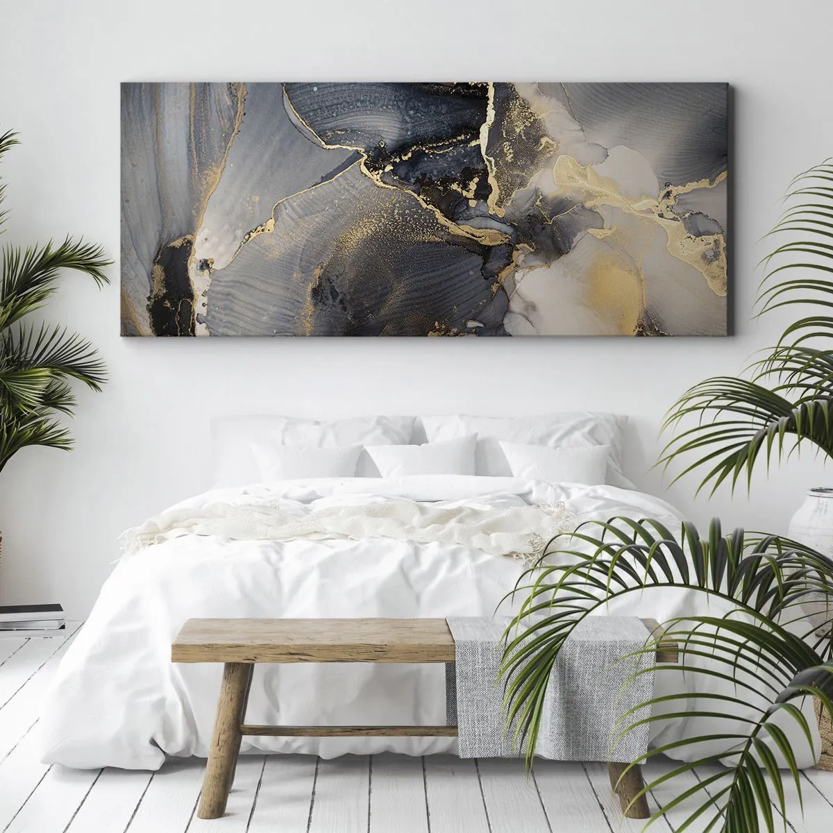 Obraz na płótnie - Abstrakcyjne złoto i szarość na płótnie - 160x50cm - Życie kamienia - Nowoczesna dekoracja ścienna do salonu i sypialni ARTTOR