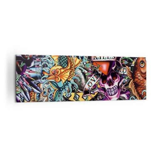 Obraz na płótnie - Kolorowa grafika w stylu tatuażowym z czaszkami i motywami morskimi - 160x50cm - Sen tatuażysty - Nowoczesna dekoracja ścienna do salonu i sypialni ARTTOR