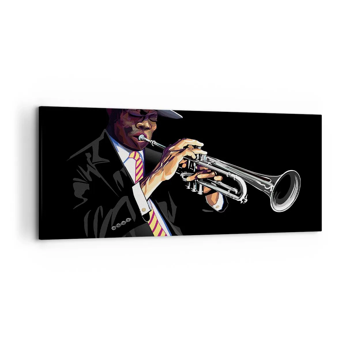 Obraz na płótnie - Muzyk grający na trąbce na czarnym tle - 120x50cm - Czar starej szkoły - Nowoczesna dekoracja ścienna do salonu i sypialni ARTTOR