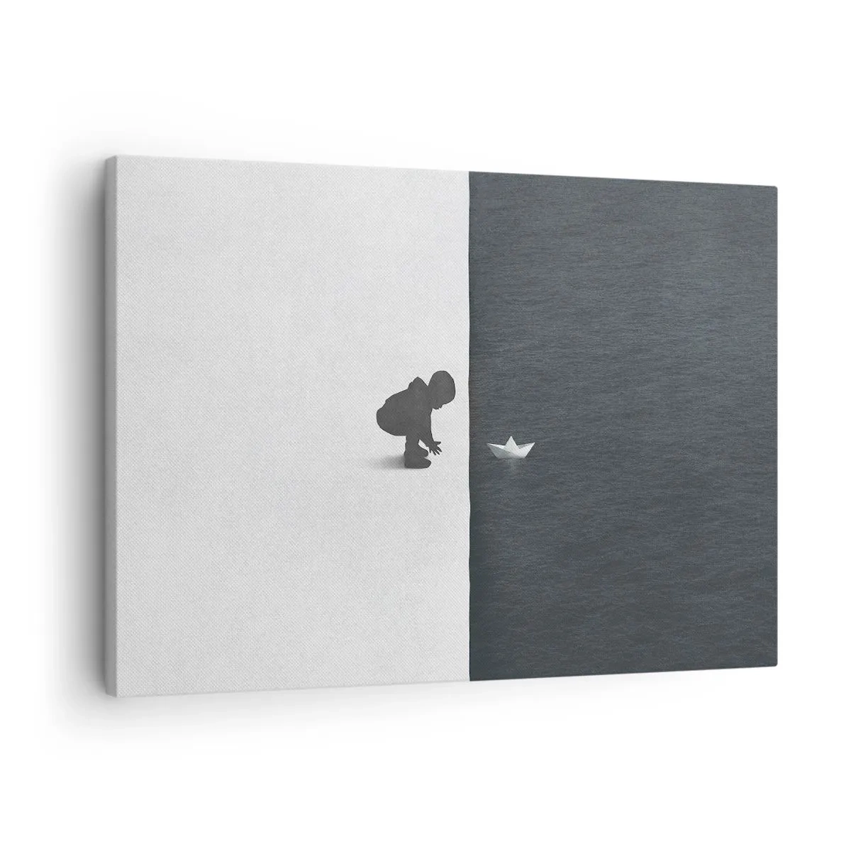 Obraz na płótnie - Postać dziecka z papierową łódką na tle kontrastowych połówek - 70x50cm - Wielka wyprawa - Nowoczesna dekoracja ścienna do salonu i sypialni ARTTOR