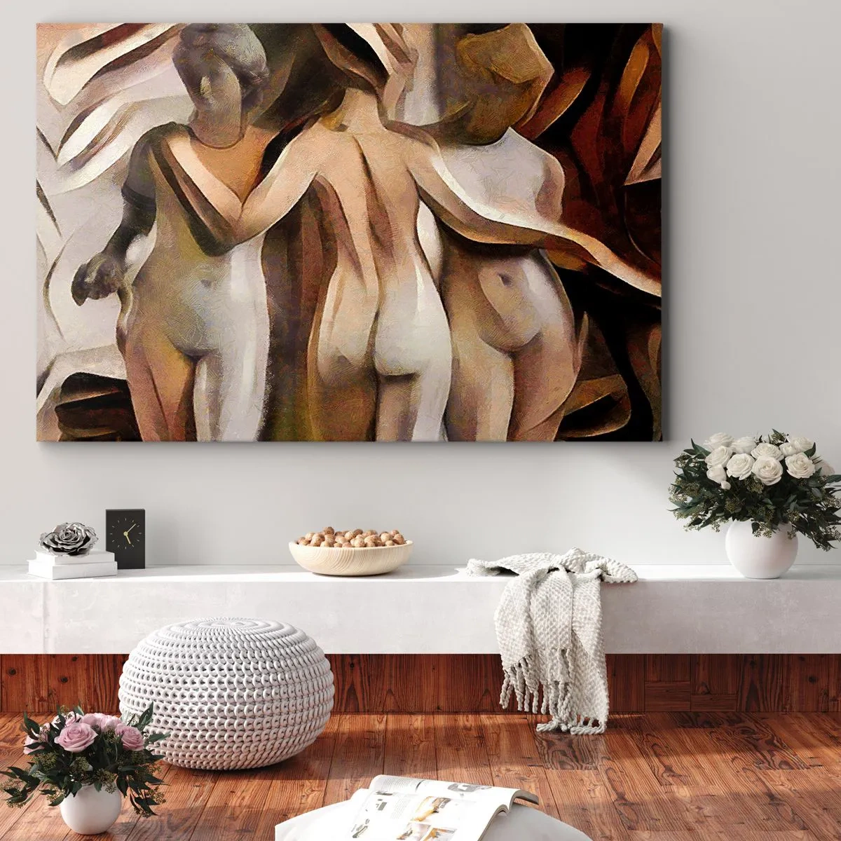 Obraz na płótnie - Abstrakcyjna scena z trzema postaciami w ciepłych barwach - 120x80cm - Trzy Gracje 2.0 - Nowoczesna dekoracja ścienna do salonu, kuchni i sypialni ARTTOR