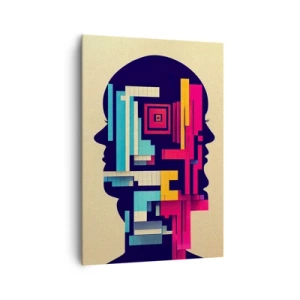 Obraz na płótnie - Abstrakcyjna ilustracja dwóch ludzkich sylwetek w geometrycznym stylu - 70x100cm - Nowe więzi - Nowoczesna dekoracja ścienna do salonu i sypialni ARTTOR