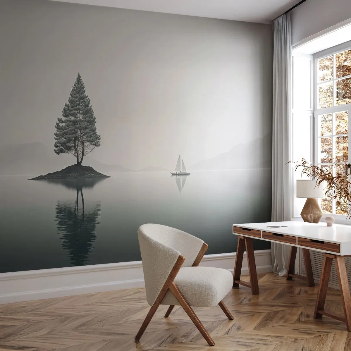 Fototapeta Premium Sand - Minimalistyczne jezioro z samotnym drzewem i żaglówką w mglistym krajobrazie - 100x70cm - Marzenie senne - Nowoczesna dekoracja ścienna do salonu, kuchni i sypialni ARTTOR
