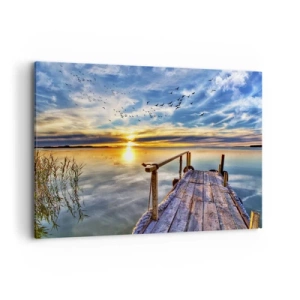 Obraz na płótnie - Drewniany pomost nad jeziorem o zachodzie słońca - 120x80cm - Wiatr idzie na spoczynek - Nowoczesna dekoracja ścienna do salonu, kuchni i sypialni ARTTOR
