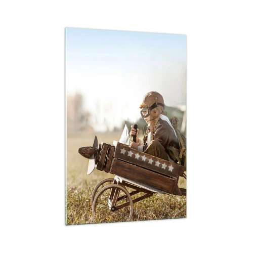 Obraz na szkle - Dziecko w zabawkowym samolocie na tle pola - 70x100cm - Start ku marzeniu - Nowoczesna dekoracja ścienna do salonu i sypialni ARTTOR