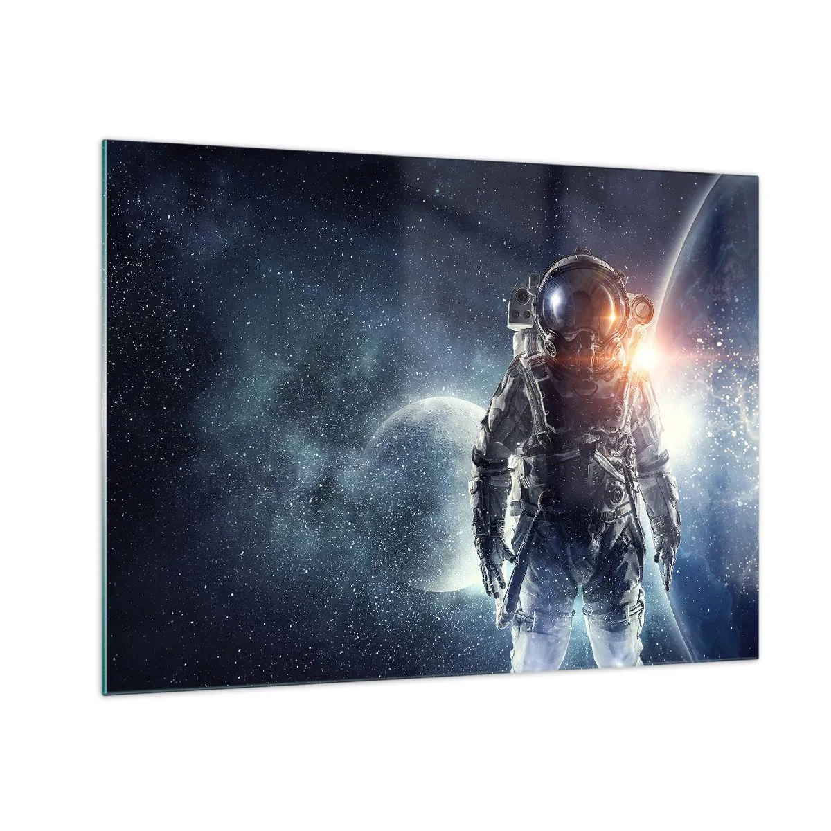 Obraz na szkle - Astronauta na tle planet i gwiazd - 70x50cm - Kosmiczna przygoda - Nowoczesna dekoracja ścienna do salonu i sypialni ARTTOR