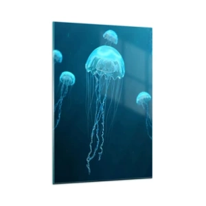 Obraz na szkle - Meduzy unoszące się w głębinach oceanu w niebieskiej tonacji - 80x120cm - Oceaniczny taniec - Nowoczesna dekoracja ścienna do salonu i sypialni ARTTOR