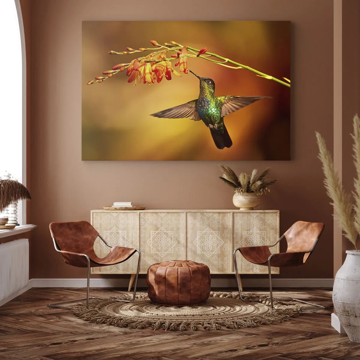 Obraz na płótnie - Koliber przy kwiecie w ciepłym świetle - 120x80cm - Posłaniec światła wg Majów - Nowoczesna dekoracja ścienna do salonu, kuchni i sypialni ARTTOR