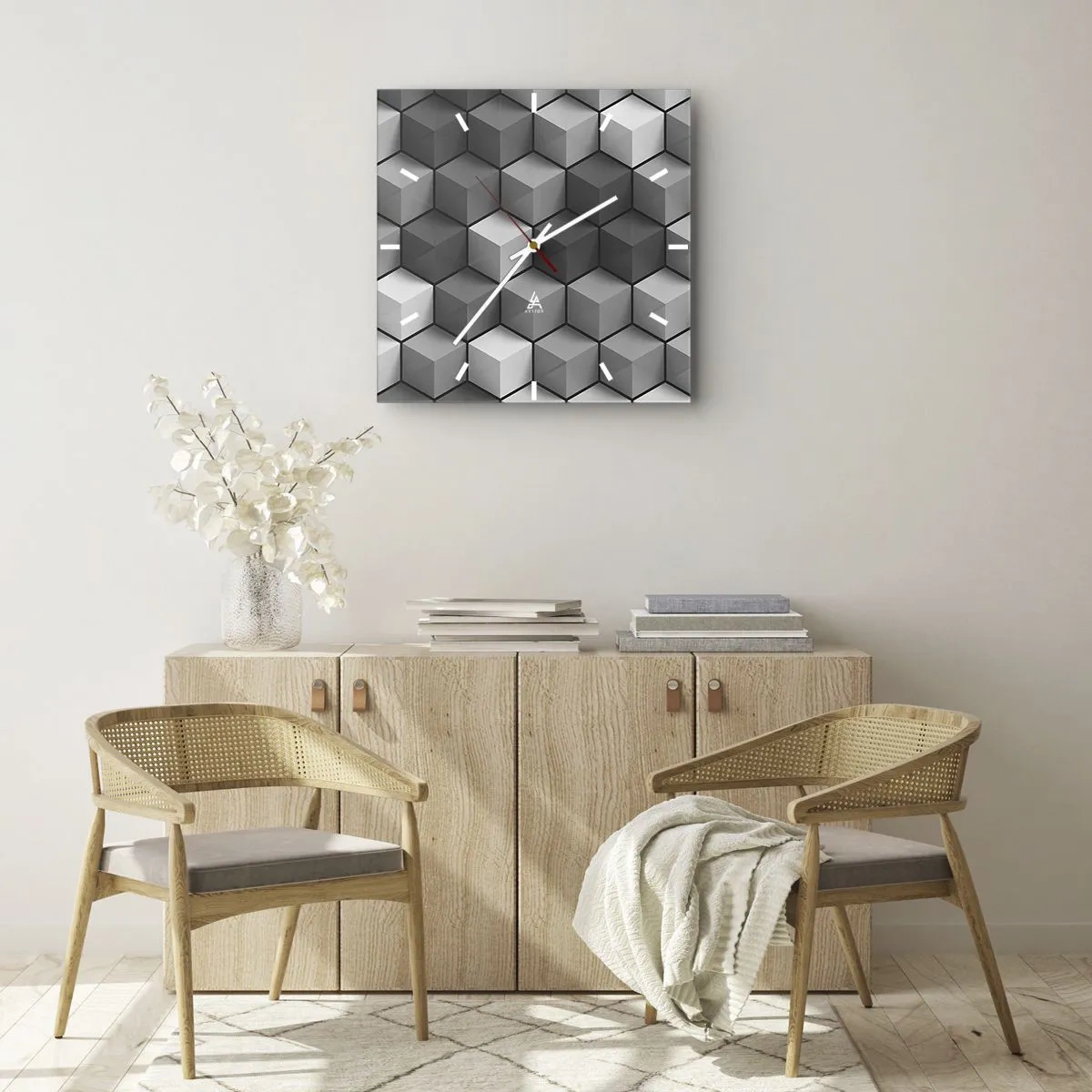 Zegar ścienny - Geometryczna kompozycja kostek w odcieniach szarości i czerni - 30x30cm - Kubistyczna układanka - Nowoczesna dekoracja ścienna do salonu i sypialni ARTTOR