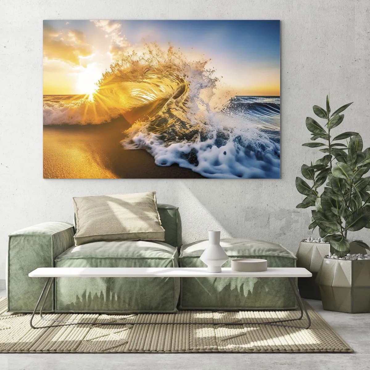 Obraz na szkle - Fala uderzająca o brzeg oświetlona promieniami zachodu - 70x50cm - Zabawa na piasku - Nowoczesna dekoracja ścienna do salonu i sypialni ARTTOR