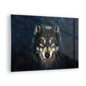 Obraz na szkle - Wilk na tle ciemnego, leśnego tła w realistycznym stylu - 70x50cm - Alfa? I omega - Nowoczesna dekoracja ścienna do salonu i sypialni ARTTOR