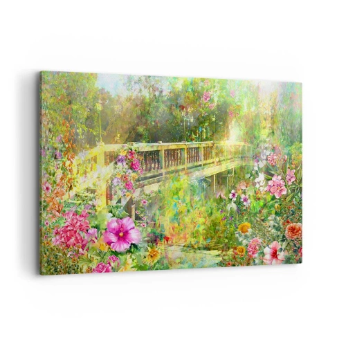 Obraz na płótnie - Most w otoczeniu bujnej roślinności i kwiatów - 120x80cm - Mostek wiosennych westchnień - Nowoczesna dekoracja ścienna do salonu, kuchni i sypialni ARTTOR