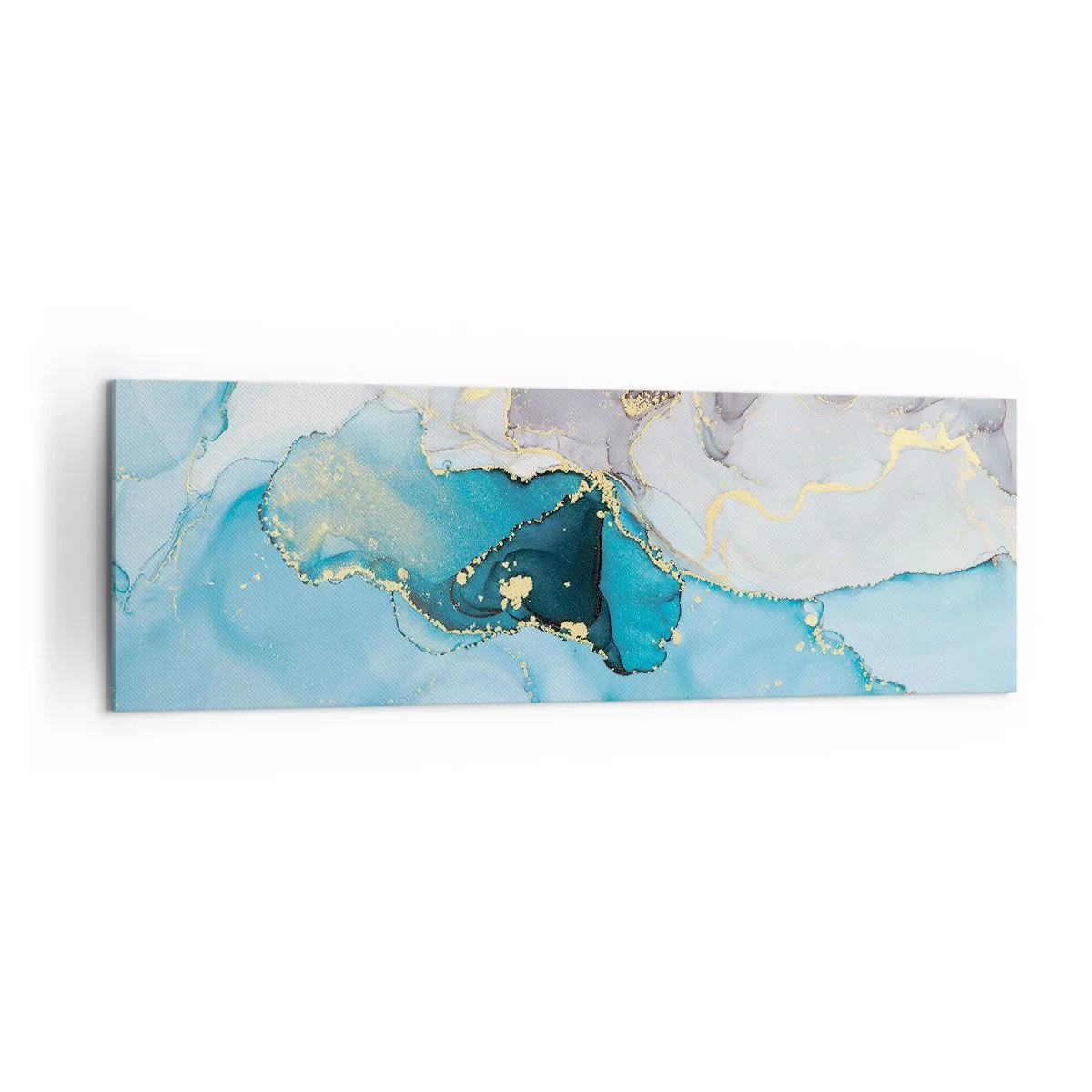 Obraz na płótnie - Abstrakcja w odcieniach błękitu i złota z subtelnymi liniami - 160x50cm - Studium spotkania szarości z turkusem - Nowoczesna dekoracja ścienna do salonu i sypialni ARTTOR